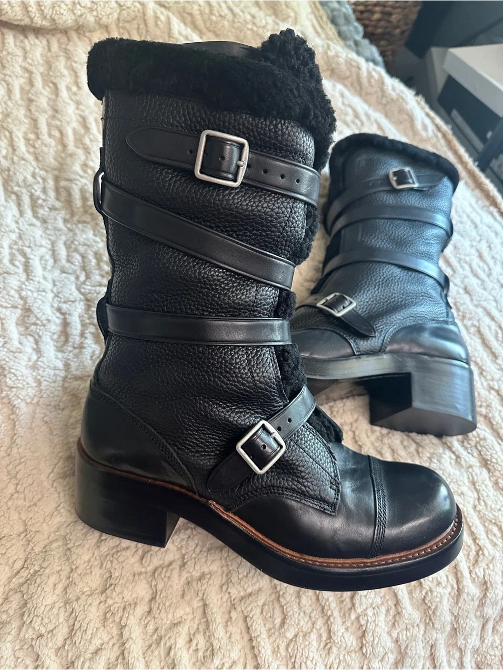 Coach Black Pebbled Leather Fur Shearling  Buckle Strap Combat Boot
